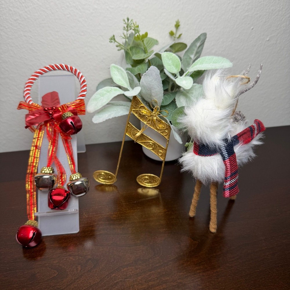 Christmas‎ Ornament Set Reindeer Faux Fur Gold Musical Note Red Jingle Bells 3pc